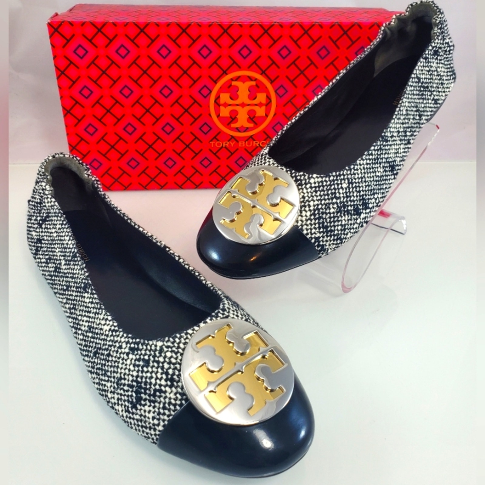 Nwt$365 Tory Burch Claire Logo Tweed Cap Toe Ballet Flat In Perfect Black Sz 9.5